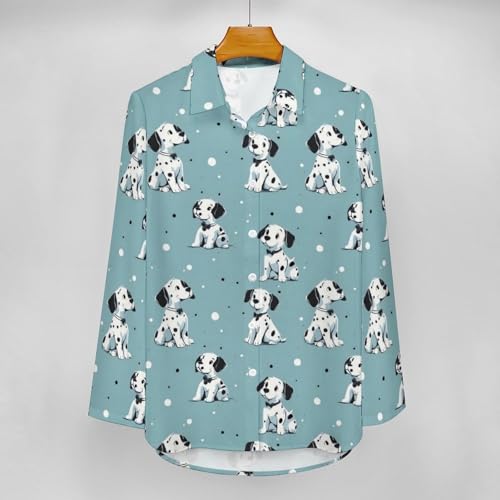 Süßes gepunktetes Hunde-Hemd mit Knopfleiste für Damen, langärmelig, Button-Up-Shirt, Bluse, Tops, lässig, Mehrfarbig, XXL