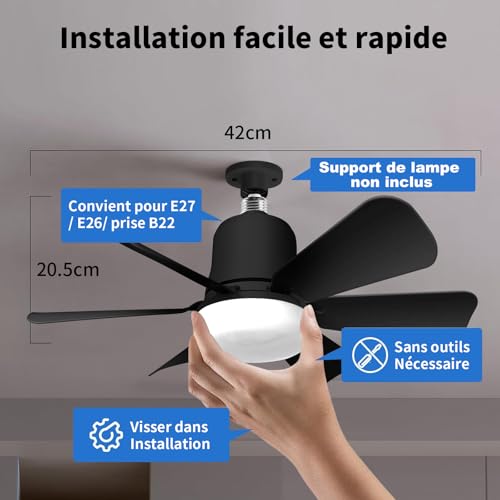 Wentylator sufitowy z oświetleniem, 30 W, wentylator sufitowy z gwintem E27, ściemniany wentylator sufitowy LED, cichy, do sypialni i salonu, 3-biegowy, 6-punktowy (czarny)