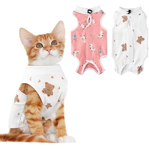 2 PCS Cat Recovery Suit for Spay Abdominal Wounds, Cat Onesie for Cats After Surgery, Cat Surgery Recovery Suit Female Breathable E-Collar Alternative Kitten Onesie for Cats Anti Licking (Large) Cover