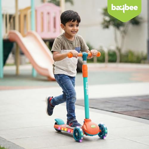 Image of Baybee Rydon Kids Scooter with 3 Height Adjustments | Portable Kick Scooter with PU LED Lights & Rear Brake | 3 Wheel Skating Scooter | Runner Scooter for Kids 2 to 10 Years Boys Girls (Orange)