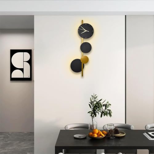 Image of blissbells Modern Abstract Wall Light with Integrated Clock, Minimalist Design in Black and Gold (Clock and Circles)