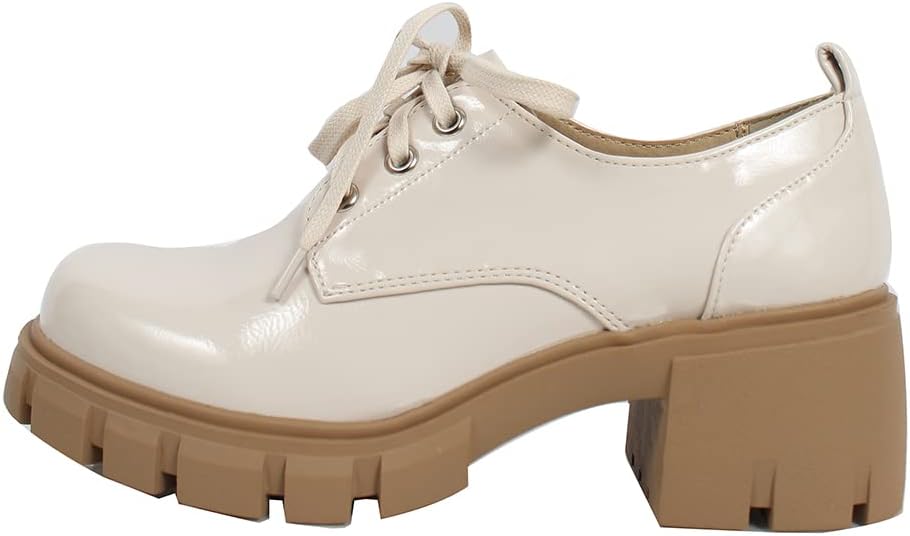 Soda Women's JoJo Lace Up Oxford Lug Platform Block Heel Shoes, Bone, 8.5 M US