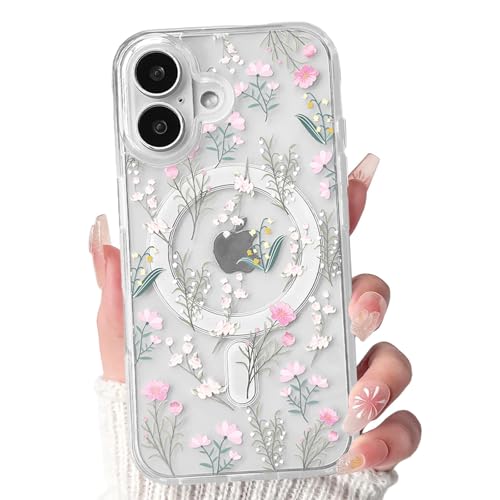 Lovmooful Magnetic Compatible for iPhone 17 Case Compatible for MagSafe Cute Clear Flower Floral with Aesthetic Design for Girls Women Soft TPU+PC Shockproof Protective Girly-Many Flowers
