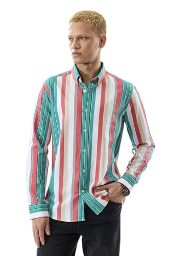 Image of SNITCH Men Casual Shirt | Slim Fit Full Sleeve Button-Down Collar Striped Design | 100% Cotton & Breathable Fabric for Everyday Wear & Semi-Formal Occasions | Teal
