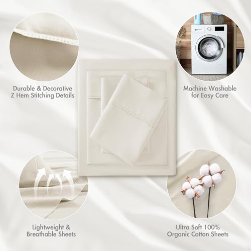 Image of Madison Park Organic Cotton Sheets 300TC, King Size Bed Set, Ivory 4 Piece