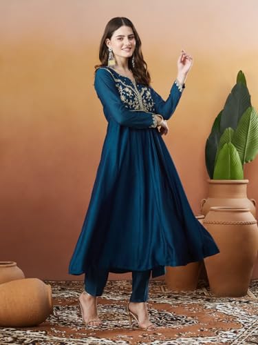 Image of MOKOSH Women's Silk Anarkali Kurta Pant with Dupatta | Anarkali Kurta Set | Embroidered | Ethnic Wear | Notch Neck Full Sleeve