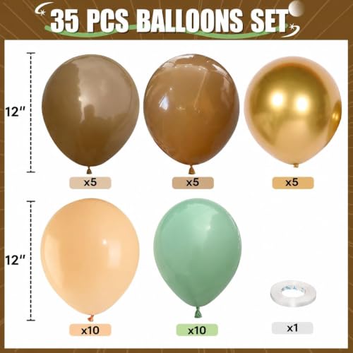 Image of HILAVO Sage Green and Brown Balloons, 12 Inch Olive Green Brown and Gold Jungle Safari Balloons for Baby Shower Dinosaur Mallard Duck Woodland Forest Hunting Wild One Birthday Party Decoration