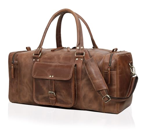 24 Inch Full Grain Leather Duffel Bag for Men – Large Travel Week...