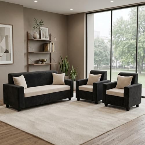 Image of FURNY QualityWood 3 Seater + 1 Seater + 1 Seater Fabric Sofa Set (Cream-Black) with Velvet Finish | Durable Comfort | Ideal for Living Room