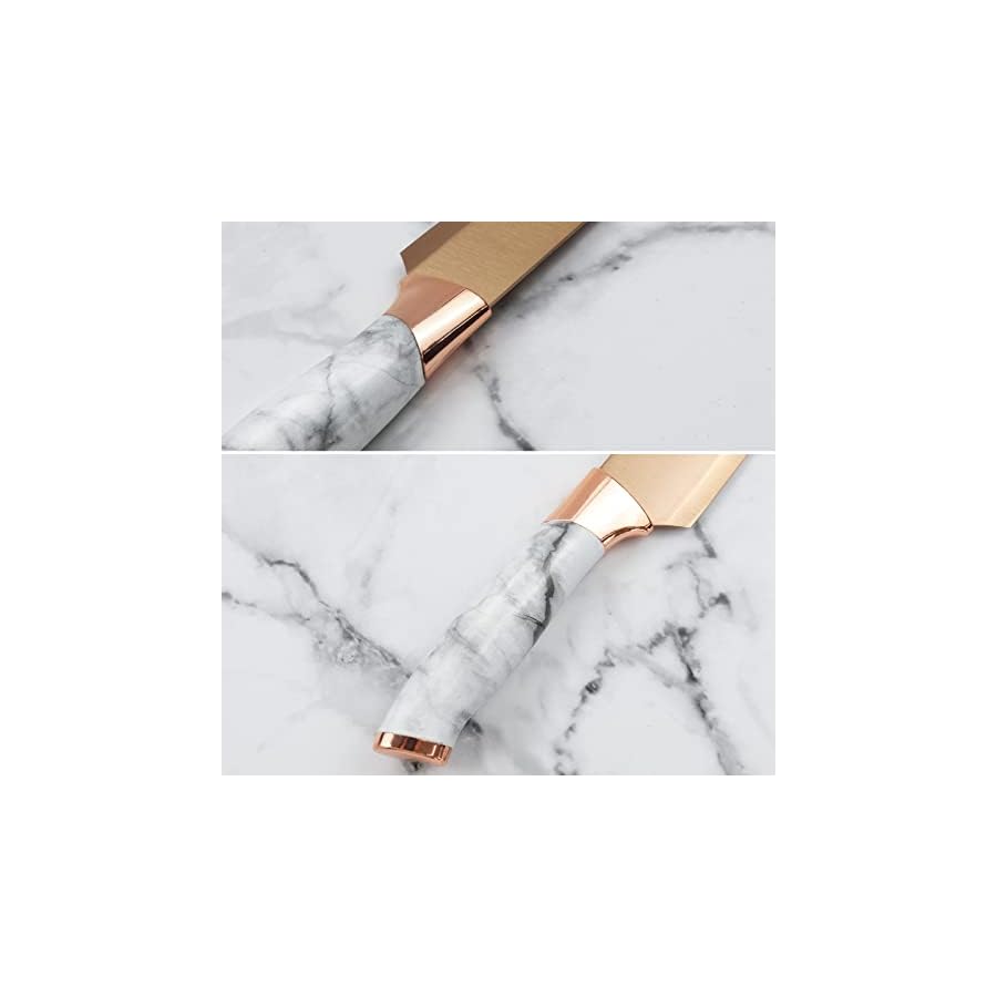 Knife-Set-Non-Stick-Champagne-Gold-Knives-Set-with-Acrylic-Storage-Block-6-Pieces-Sharp-Knife-Set-Stainless-Steel-Beautiful-White-Marbling-Handle-Rainbow-Blade-Kitchen-Knife-Champagne-Gold-Blade Knife Set Non Stick, Champagne Gold Knives Set with Acrylic Storage Block, 6 Pieces Sharp Knife Set, Stainless Steel Beautiful White Marbling Handle Rainbow Blade Kitchen Knife (Champagne Gold Blade)