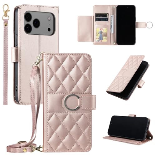 Étui iPhone 13 Pro Max or rose portefeuille en cuir avec anneau magnétique intégré