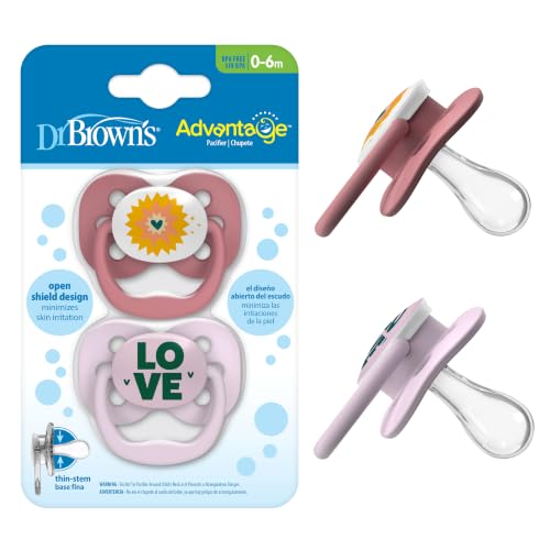 Image of Dr. Brown's Advantage Baby Pacifier, Fully Symmetrical Soother with Soft Silicone Bulb, Lavender Love, 0-6m, BPA Free, 2 Pack