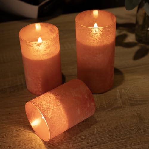 Image of Flameless Candles with Remote Orange Glass LED Pillar Candles Set of 3 | Realistic Wax Flame Effect, 2 /4 /6 /8H Timer, Battery Operated, Soft Ambient Glow for Home, Wedding & Holiday Decor