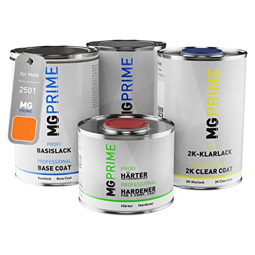 MG PRIME Autolack Dose Set für Man 2501 Leuchtorange Grundlack Basislack 2K Klarlack Härter spritzfertig 3,5L