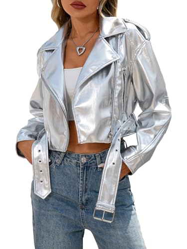 LY VAREY LIN Women Faux Leather Cropped Jacket Vegan Motor Biker Coat with Belt