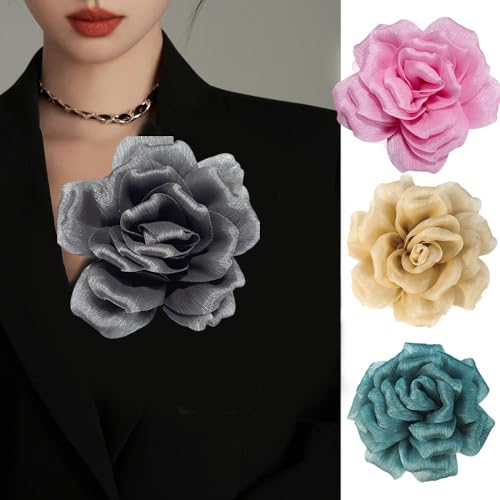 Image of Flash Camellia Flower Brooch Pin for Women Men Elegant Texture Fabric Dahlia Rose Floral Brooches Lapel Pins Dainty Wedding Holiday Party Costume Dress Accessories Jewelry