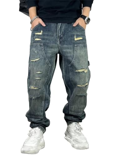 Men’S Streetwear Ripped Patch Baggy Denim Cargo Pants Slim Fit Full Length Button Fly Distressed Destroy Wash Jeans