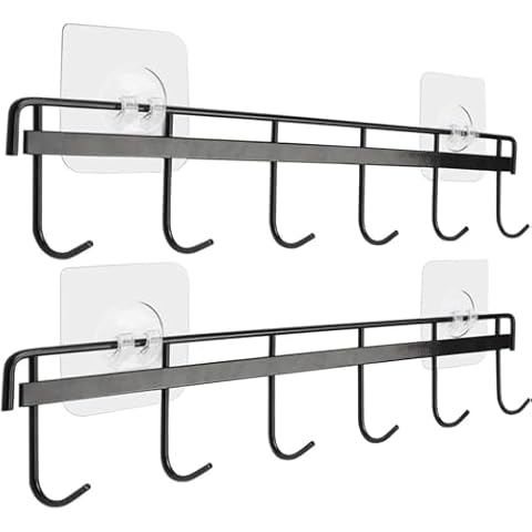 YiZhi Adhesive Wall Hooks Rack Kitchen Rail, Space Saving Utensil Holder No Drilling Wall Mounted Accessory Hanger with 6 Hooks for Kitchen Bathroom Bedroom Pack of 2 (Black) Cover