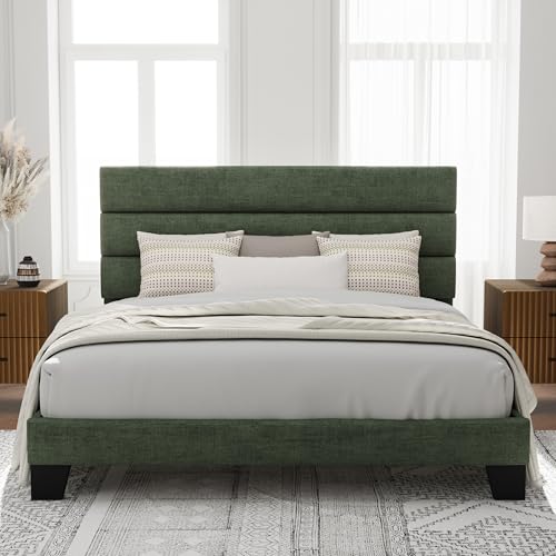 Image of Allewie King Size Platform Bed Frame with Velvet Upholstered Headboard and Wooden Slats Support, Fully Upholstered Mattress Foundation /No Box Spring Needed /Easy Assembly, Green
