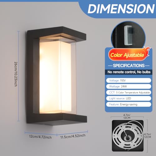Image of Outdoor Lights for House 24W Exterior Lighting Fixtures 3-Color Adjustable 2200LM IP65 Waterproof Aluminum Exterior Wall Light Compatible with Dimmers for Patio, Yard, Back Yard 4 Pack