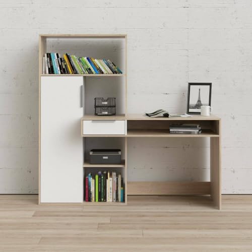 Dmora - Bureau multifonction avec bibliothèque, tiroir et porte, coloris blanc et chêne, 162 x 155 x 60 cm – vue 4