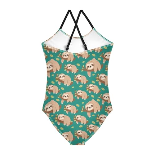 senya Girls Swimsuits One-Piece Swimwear Tie Bathing Suit Beach Summer Round Neck 9-10T Sloth Tree Branch Pattern2
