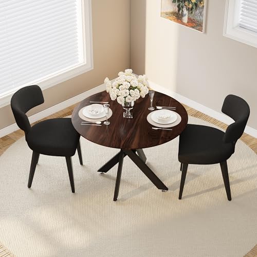 Image of Wood Dining Table Set for 2, 36 inch Round Kitchen Table with 2 Boucle Dining Chairs, MDF Tabletop with Metal Legs, Ergonomic Dining Chair with Metal Legs(Woodgrain Table)