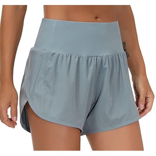 THE GYM PEOPLE Womens High Waisted Running Shorts Quick Dry Athletic Workout Shorts with Mesh Liner Zipper Pockets Denim Blue X-Large