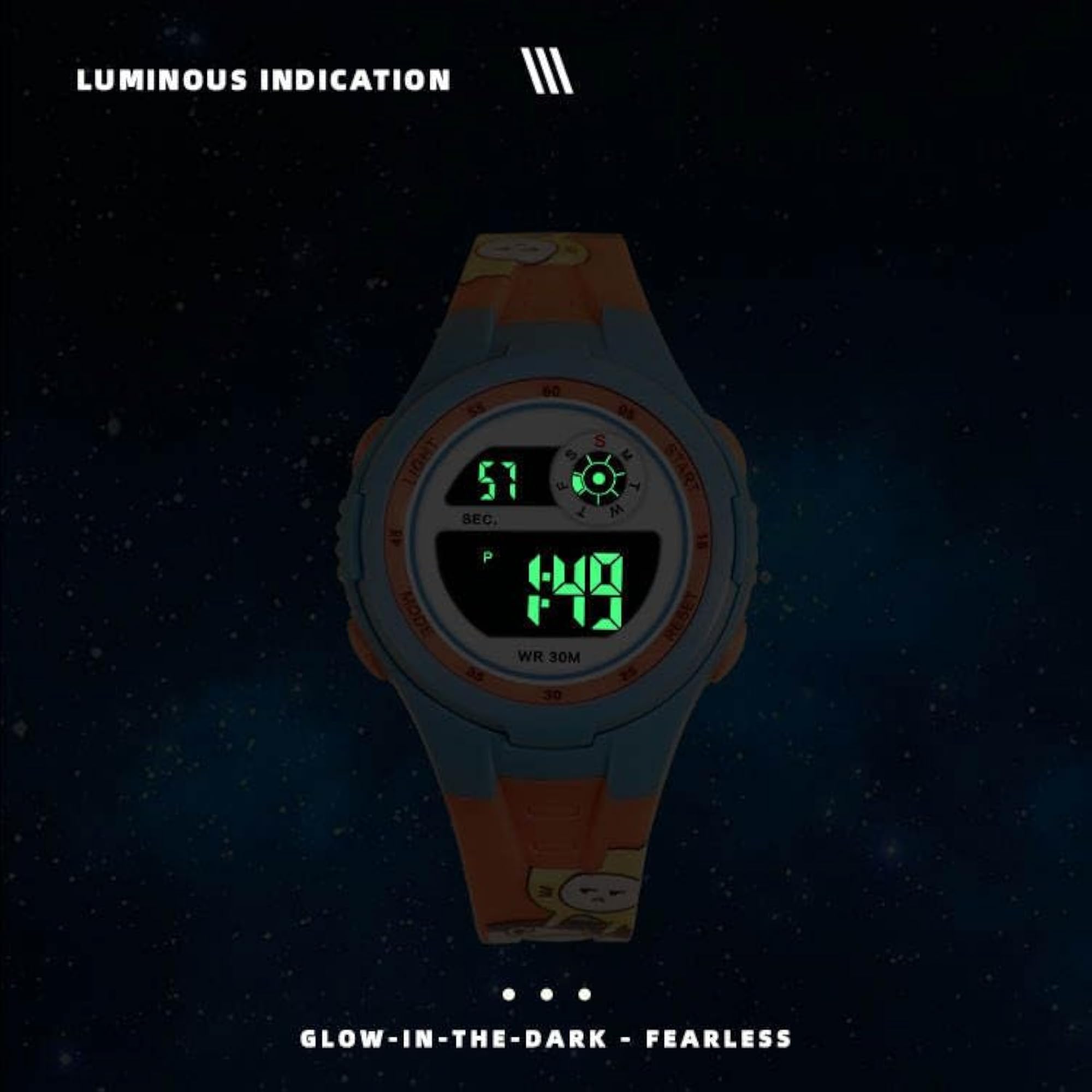 Unisex Round Printed Star Digital LED Multifunctional Watch, Blue Strap