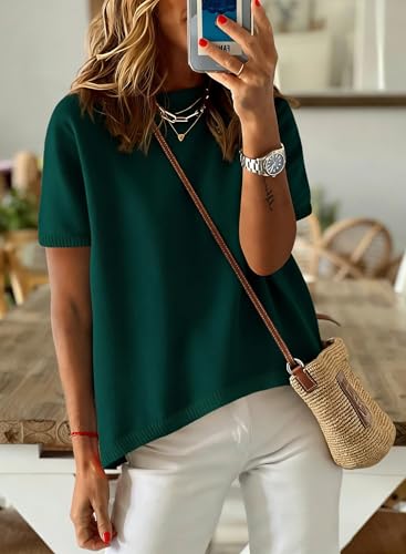 Image of Womens Short Sleeve Striped Color Block Crew Neck Sweater Shirt Lightweight Cotton Casual Summer Pullover Tops