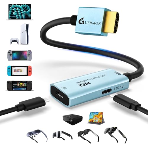Guermok AR Glasses HDMI to USB-C Display Adapter, 4K@60Hz Play and Charge AR Converter with DC 5V, for XREAL One/Air 2 Pro/RayNeo/Rokid, Switch 2/1, Xbox1, PS4/5, Portable Monitors (Blue)