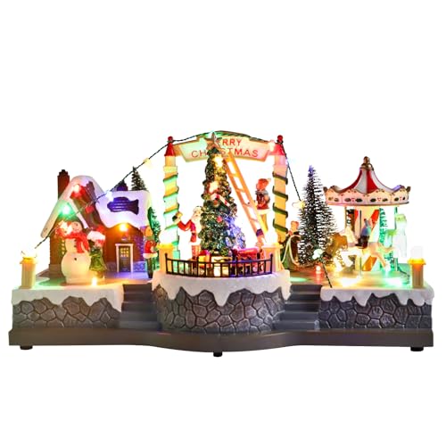 Chonsun Christmas Village House 6.9 Inch Christmas Decorations Moving Train Carousel USB/3AA Batteries Holiday Snowman Music Village Indoor Lighted Figurines for Room Tabletop Decor