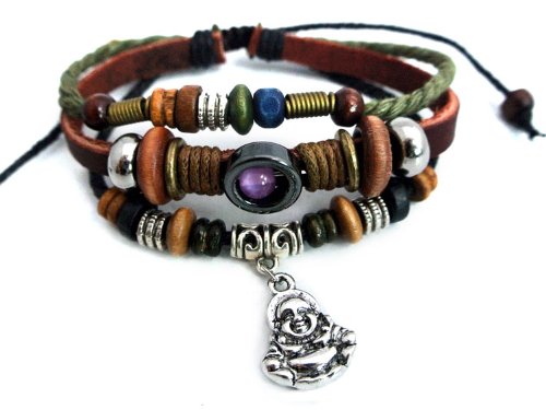 Agathe creation - Bracelet tibetain Porte Bonheur - Pendentif Bouddha Rieur en Argent tibétain - Cuir, Chanvre et Perles de Bois et métal - Multicolor - Fait Main