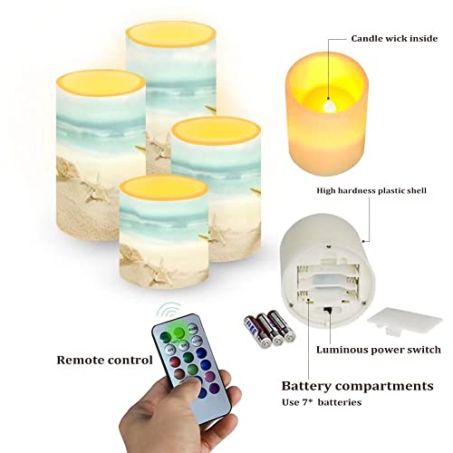 Image of Beach Starfish Seashell Flameless LED Battery Candles 4 Pieces Pillar Fake Candles with Colored Light 4H 8H Timer Remote for Wedding Beach Party Coastal Room Decor