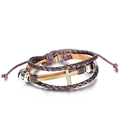 JewelryWe Kreuz Lederarmband Herren Damen: Vintage Kreuz Beads Ringe Legierung Leder Geflochten Armband Armreif, 19,5cm-25,5cm Verstellbare Größe, Braun Silber