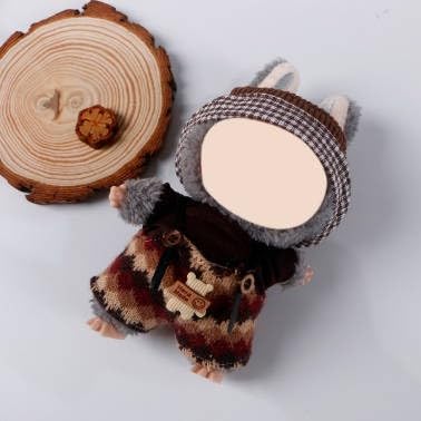 Compatible with Labubu (NO Doll) - Brown - Plaid Trim Vintage Knit Set (Checkered - Trim Beanie + Knit Top + Overalls with Bear Charm), 15cm/17cm Doll Clothing (Brown - Knit Plaid)