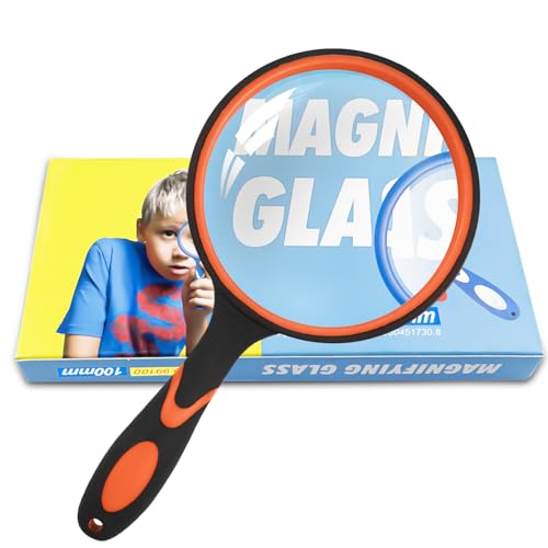 Fousenuk Lupa de Mano 100mm, Lupas de Gran Aumento con Mango de Goma Antideslizante, Inastillable Lente de Aumento para Personas Mayores, Niños, Lectura, Manualidades, Libros, Insectos, Inspección