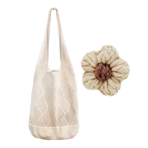 ZGDEIWGF Bolso de Punto Hueco con Hebilla Decorativa de Flor Pequeña - Malla Transpirable de Gran Capacidad para Playa, Compras - Diseño a Cuadros Tejido