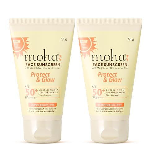 Image of Moha Face Sunscreen SPF 50+ PA++++ Pack Of 2, 50 g Photostable New-Gen UV Filters with Photoageing Repair Benefits | pH Balanced | Lightweight Sunscreen Lotion | Non-Comedogenic | For Sensitive Skin.