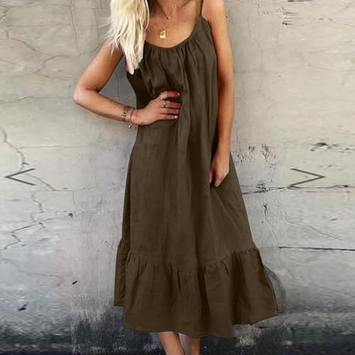 Women Cotton Linen Midi Dress Sleeveless Round Neck Summer Spaghetti Strap Dress Loose Casual Vacation Solid Outfit2