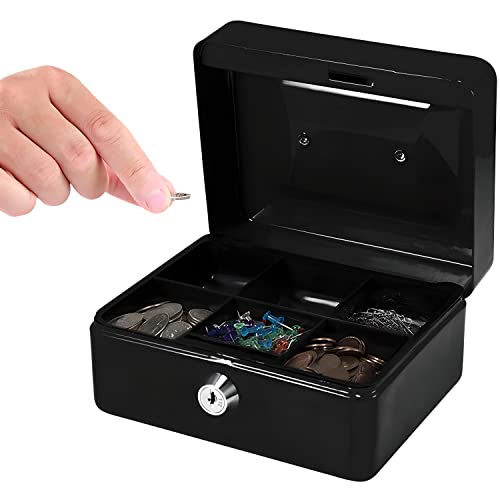 Retoo Geldkassette Abschließbar 15 x 12 x 8cm mit Münzgeldeinsatz & 2 Schlüssel aus pulverbeschichtetem Stahl, Feuerschutzkassette mit versenkbarer Griff & Sicherheits-Zylinderschloss (Schwarz)