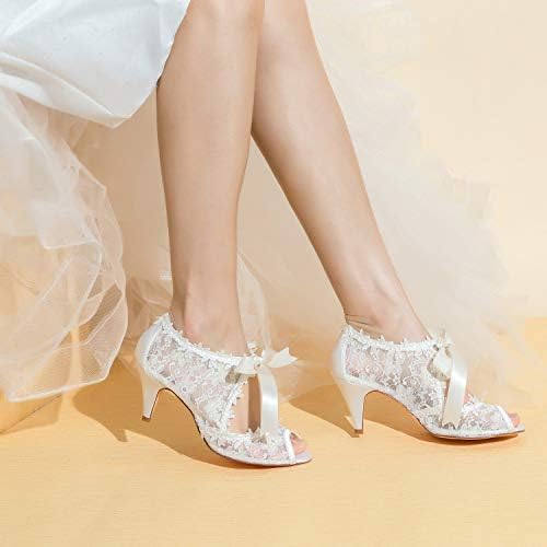 JIAJIA Women's Bridal Shoes 5949419 Peep Toe Cone Heel Lace Satin Pumps Ribbon Tie Wedding Shoes Color Ivory,Size 9.5 B(M) US/41 EU | Image 1