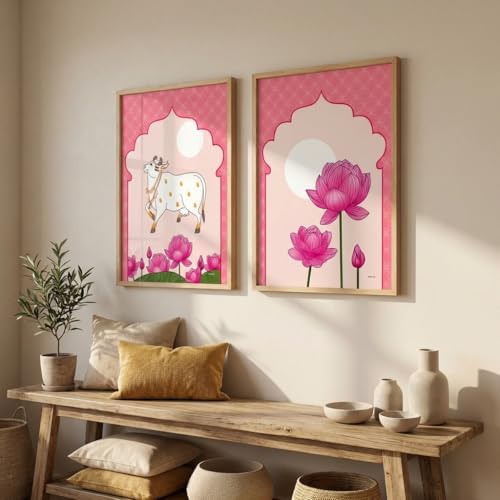 Image of Livin'luxe Set of 2 Pink Kamdhenu Cow Lotus Wall Paintings for Living Room Bedroom Home Decor with Premium Wooden Color Synthetic Frame (13.5 x 19.5 Inch) NM02-58