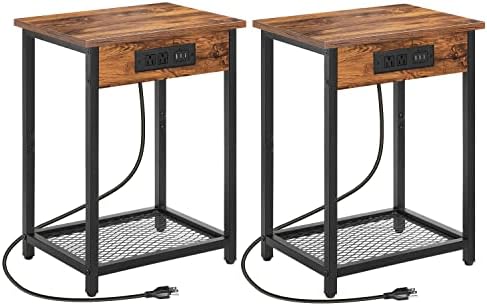 Nightstands Set of 2, End Table with Charging Station & USB Ports, 2 Tier Narrow Side Tables Bedroom with Storage Shelf, Bedside Tables for Bedroom, Living Room, Sofa Couch(Brown)