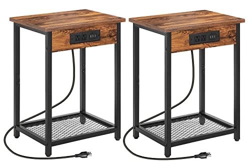 Nightstands Set Of 2, End Table With Charging Station & Usb Ports, 2 Tier Narrow Side Tables Bedroom With Storage Shelf, Bedside Tables For Bedroom, Living Room, Sofa Couch(Brown) #TOP2