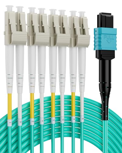 Image of MPO /MTP Fanout Fiber Patch Cable 5m /16.4ft, MPO /MTP to 8 X LC (4 Duplex), 10 /40 /100G QSFP+ OM3 8 Strands UPC Breakout Cable - Aqua 50 /125μm LSZH for Data Center Network Connectivity