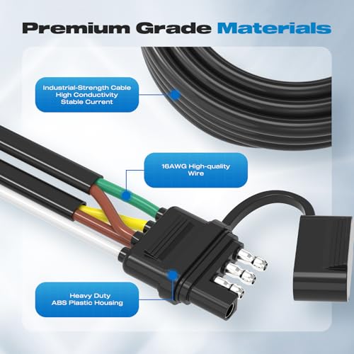 Image of 4 Pin 5 Wire Trailer Wiring Harness Kit, Malictele 22FT 16AWG Core with Jacketed Cable Trailer Light Kit 4 Way Flat 5 Wire Trailer Plug for Rewiring Both-Side Taillights on Trailers RVs and Boats