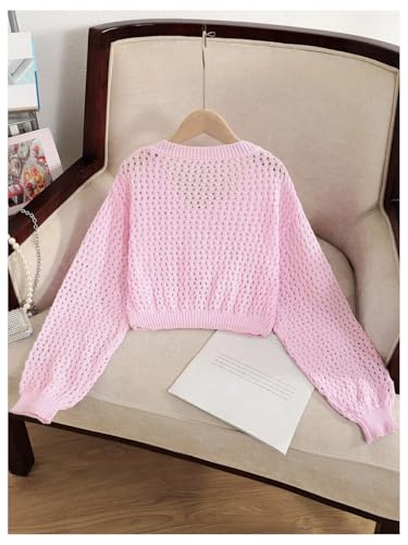 SOLY HUX Girl's Crochet Sweater V Neck Long Sleeve Hollow Out Knit Strawberry Cute Pullover Tops2