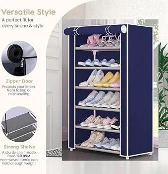 Image of Multipurpose Shoe Rack with Dustproof Zip Cover, Multiuse for Bedroom, Living Room, Entryway, Footwear Stand for Home, Plastic, Clothes Plastic (Grey, 6 Layer Shoe Rack)