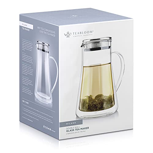 Teabloom Insulated Teapot Keeps Tea Hot – Tea Maker For Two (24 oz / 2 Mugs) – Double Wall Glass Tea Steeper with Stainless Steel Filter Lid for Loose Leaf Tea